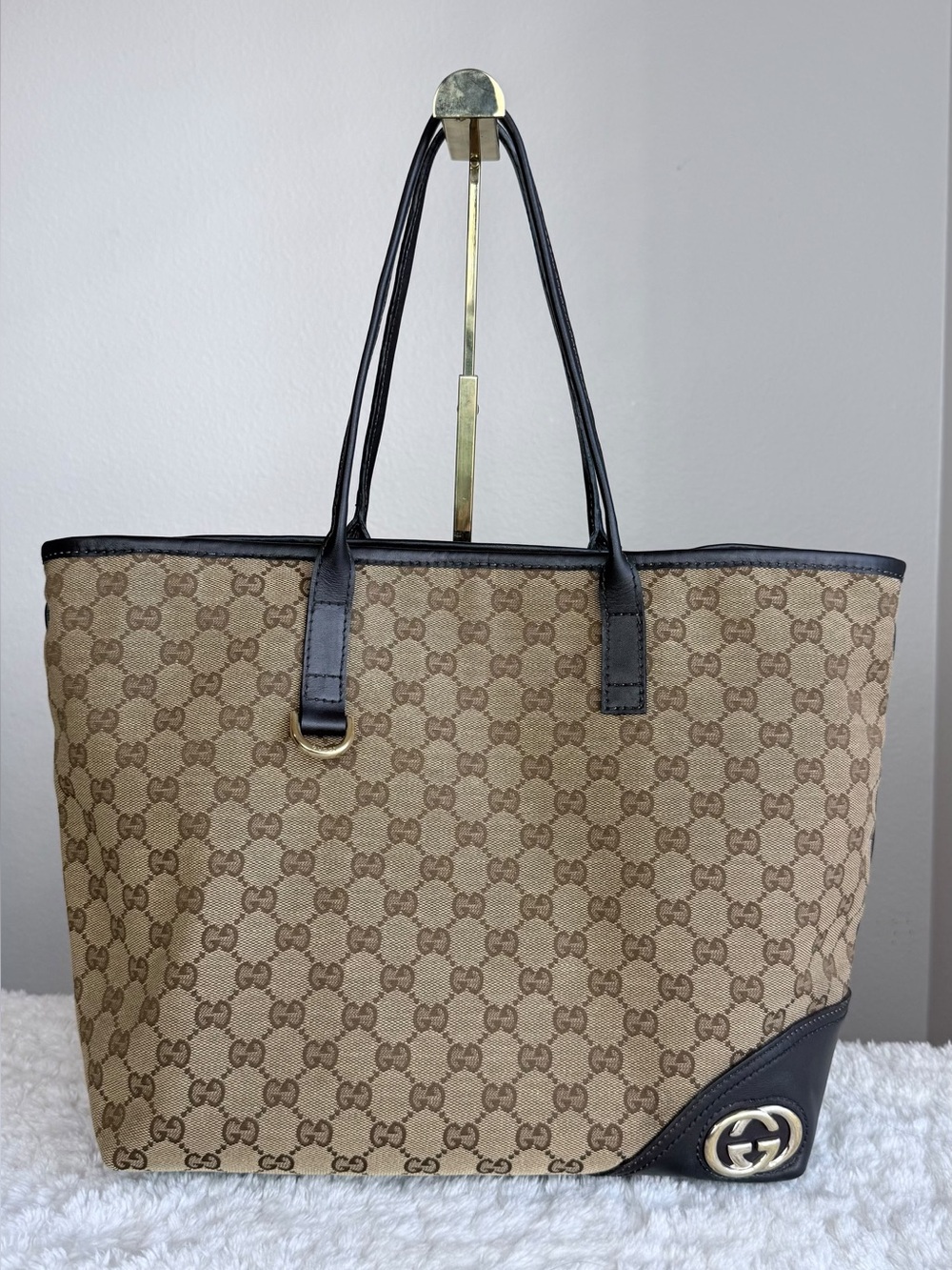Gucci Brown GG Supreme Canvas Tote with Black Trim and Gold Hardware